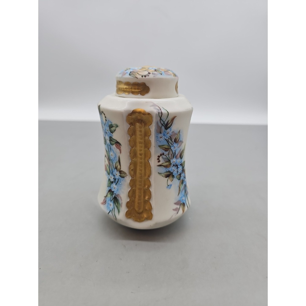 Vintage Floral Gold Embossed Porcelain Tea Caddy Woth Lid Victorian Elegant